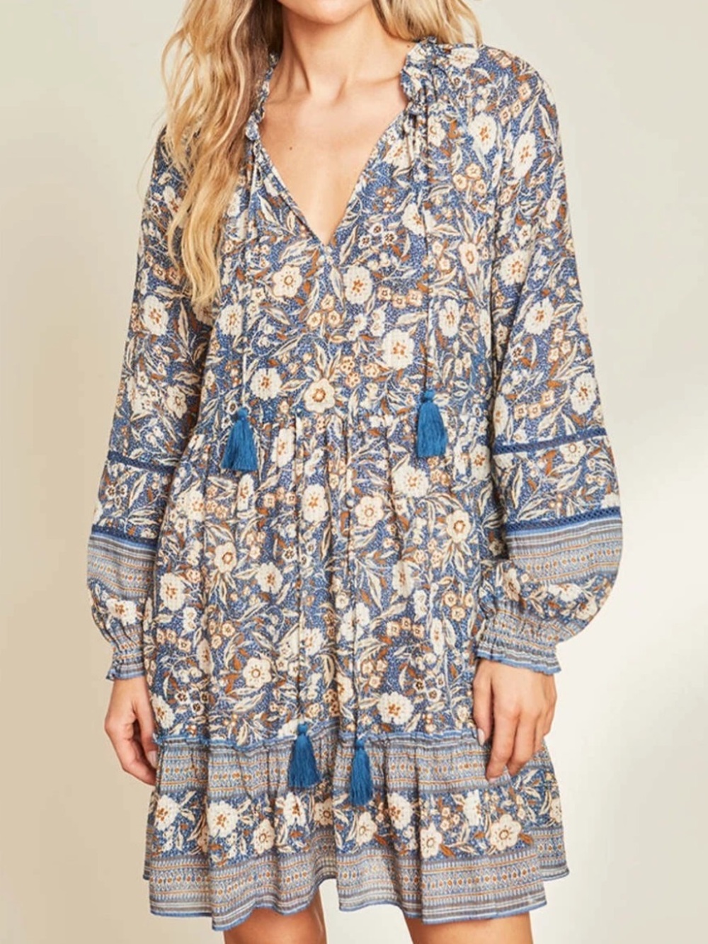 Veronica Beard Navy and Cream Floral Long-Sleeve Tiered Dress